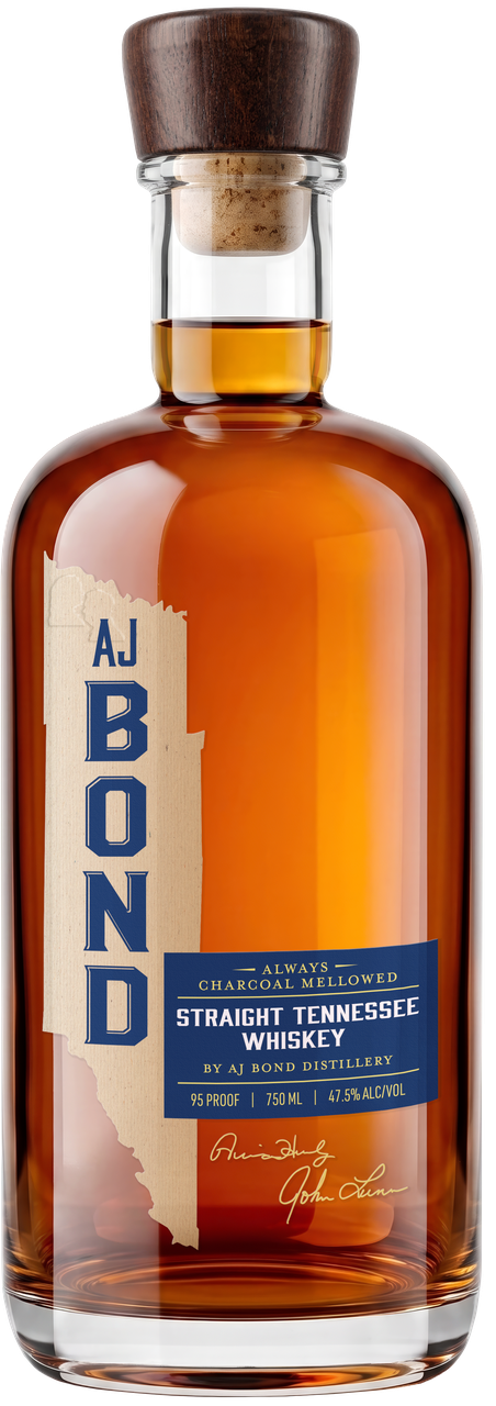 A bottle of AJ Bond Straight Tennessee Whiskey